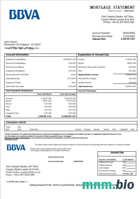 USA BBVA Bank wyciąg z kredytu hipotecznego w formatach Word i PDF